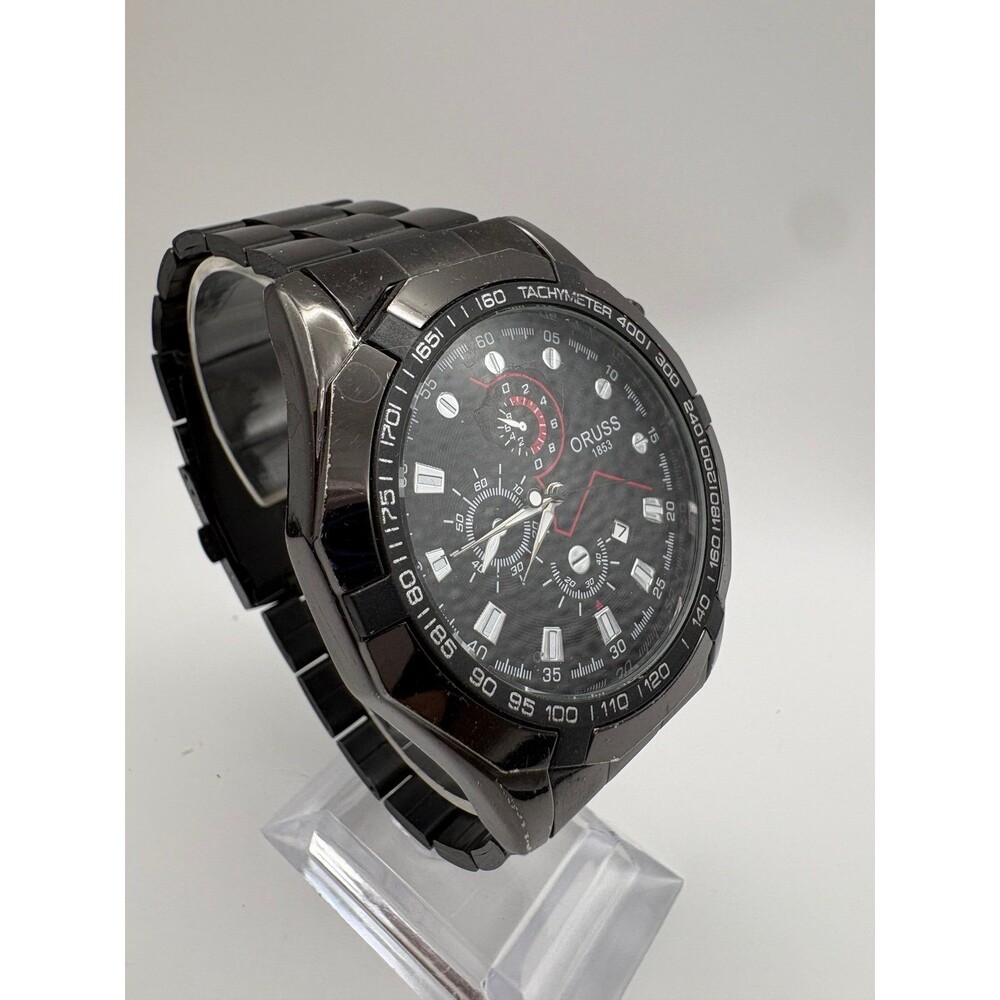 ORUSS 1853 Mens Watch Black Stainless Steel Bracelet Quartz Sports Watch 43mm